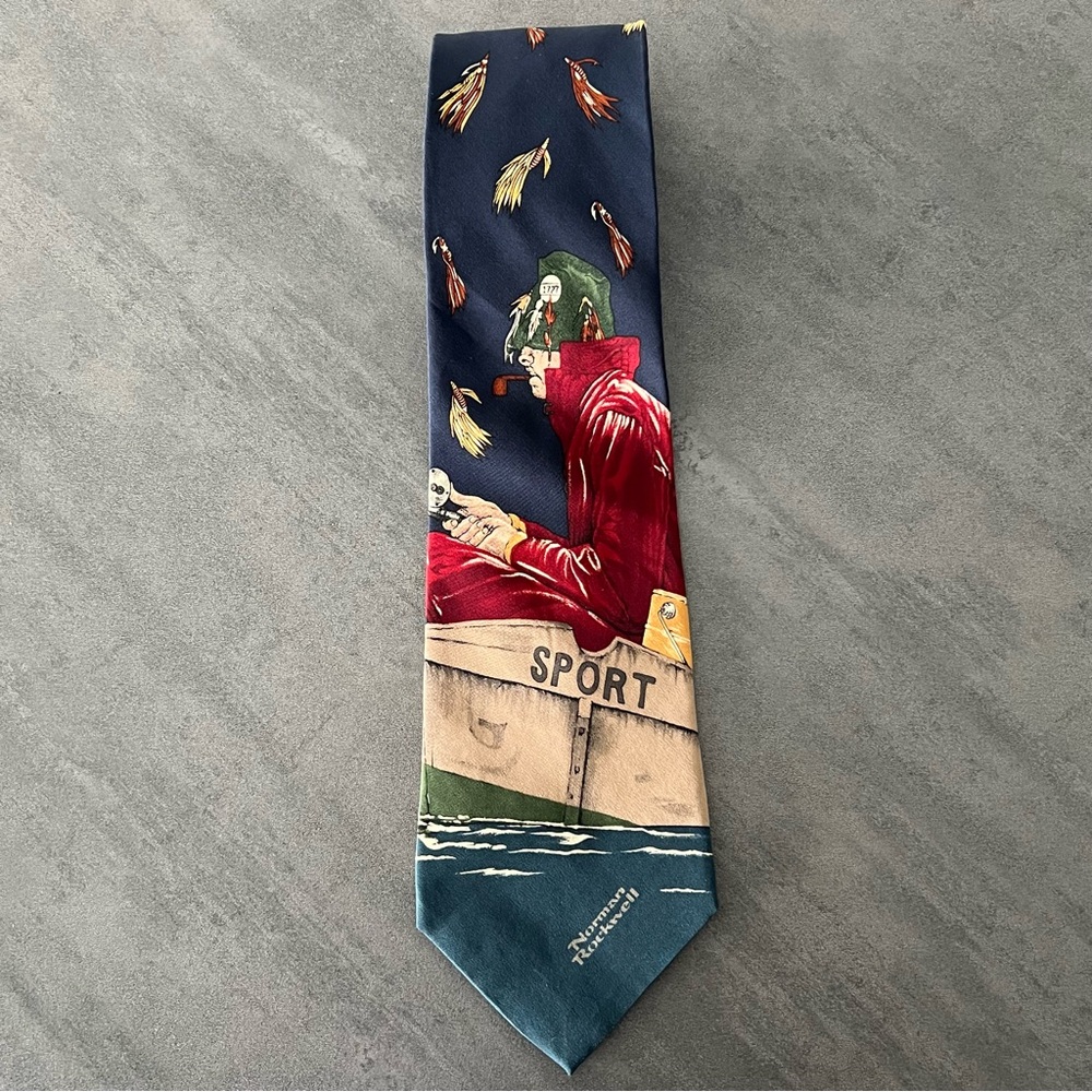 VTG 1994 Norman Rockwell Fly Fishing Fisherman Silk Tie Saturday‎ Evening Post - Picture 8 of 8